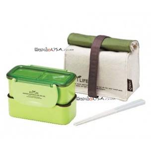 Microwavable 2 Tier Bento Lunch Box Set with Lunch Bag, Chopsticks - Mini Series - Green 