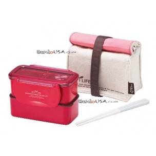 Microwavable 2 Tier Bento Lunch Box Set with Lunch Bag, Chopsticks - Mini Series - Pink