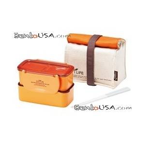 Microwavable 2 Tier Bento Lunch Box Set with Lunch Bag, Chopsticks - Mini Series - Orange 