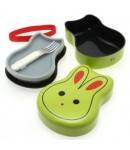 Japanese Bento Box 2 tier Lunch Box with Fork, Strap Green Rabbit 