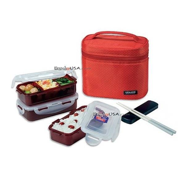 Microwavable Airtight Bento Box 3 Lunch Containers 4.5 Cup Red
