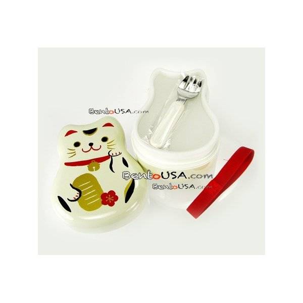 Japanese Bento Box 2 tier Lunch Box with Fork Strap Lucky Cat