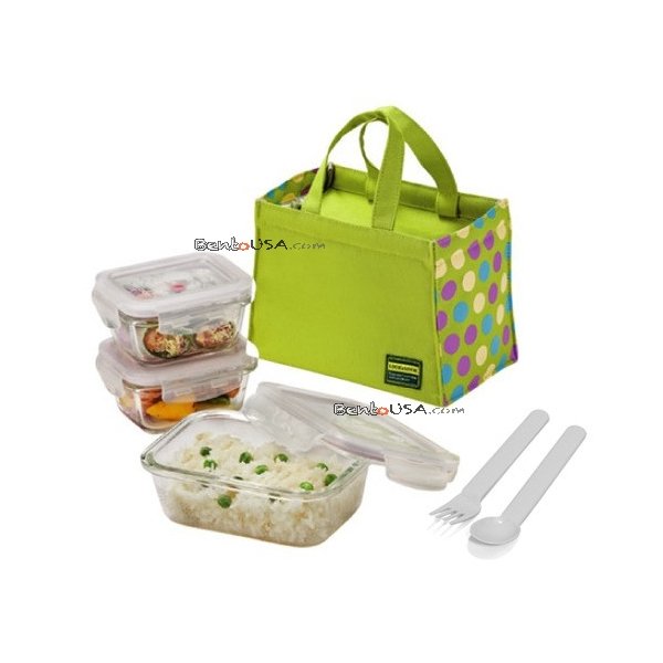 Microwavable Kids Glass Bento Lunch Box Set Spoon Fork Green