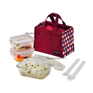 Microwavable Kids Glass Bento Lunch Box Set Spoon Fork Red Microwavable Kids Glass Bento Lunch Box Set Spoon Fork Red