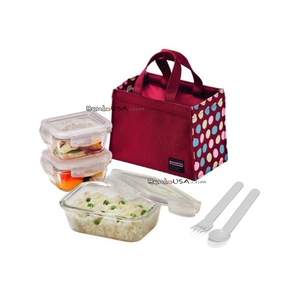 Microwavable Kids Glass Bento Lunch Box Set Spoon Fork Red All Things