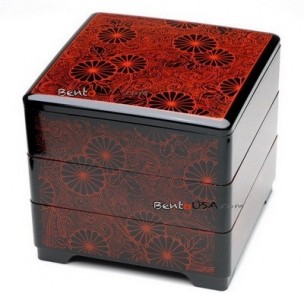 Japanese Lacquer Stack Square Box 3 Tiers Chrysanthemum Japanese Lacquer Stack Square Box 3 Tiers Chrysanthemum