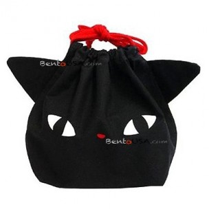 Japanese Bento Lunch Drawstring Bag with Ears - Black Cat