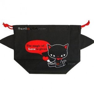 JAPANESE BENTO LUNCH DRAWSTRING BAG WITH EARS - BLACK CAT  