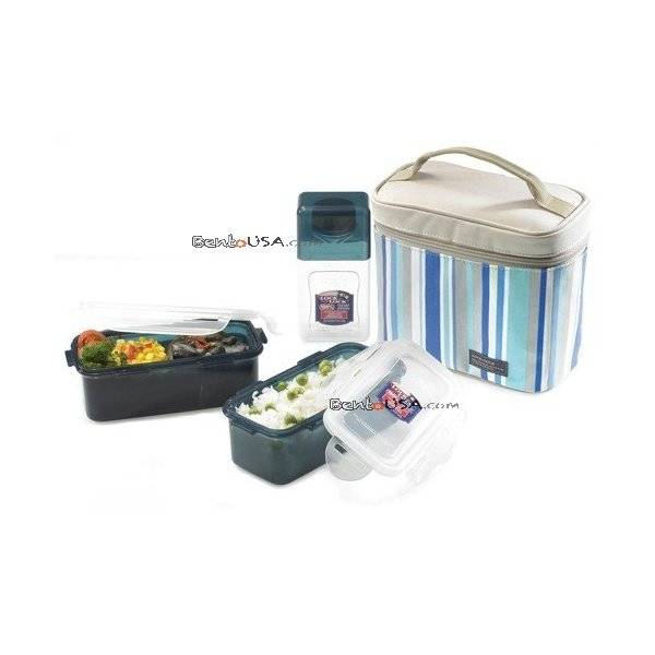 Microwavable Airtight Bento Lunch Box Set Blue Stripe with Bottle Medium