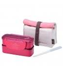 Microwavable 2 Tier Bento Lunch Box Set with Lunch Bag, Chopsticks - Mini Slim - Pink