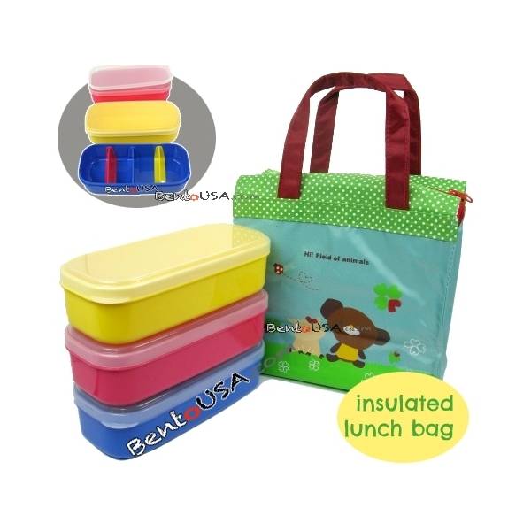 Insulated Bag 3 Bento Lunch Boxes with Removable Dividers